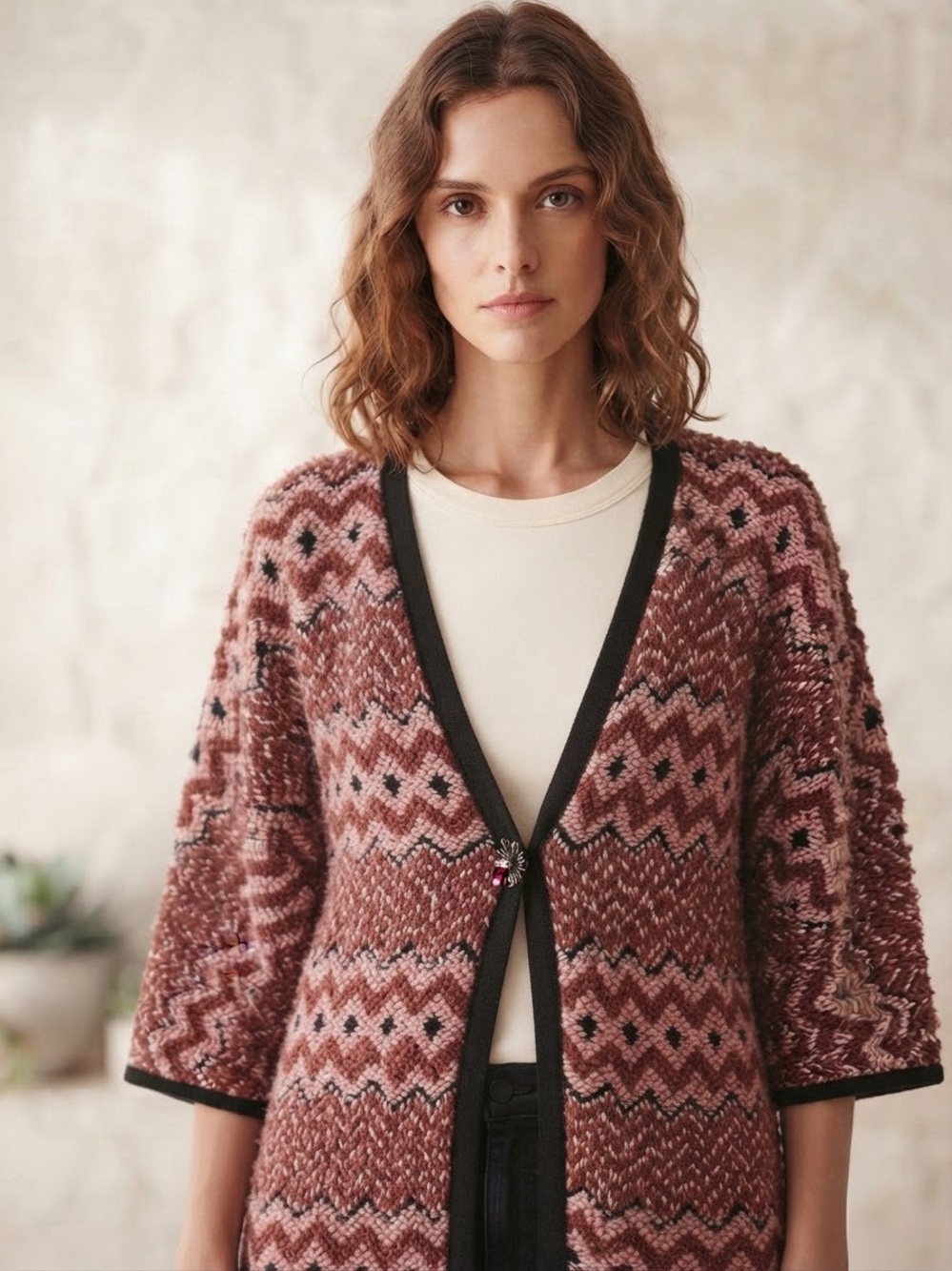 Made in Italy Dusty Rose Zigzag Knit Cardigan w/ Contrast Trim Virgin Wool Blend